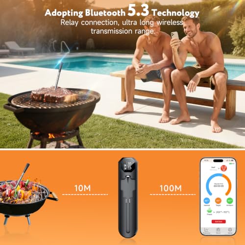 Meat Thermometer Digital for Camping Essentials, Wireless Bluetooth App | 527°F heat-resistant probe; 100m wireless remote range; smart app; for oven, BBQ, grilling & smoking;Kitchen Gadgets