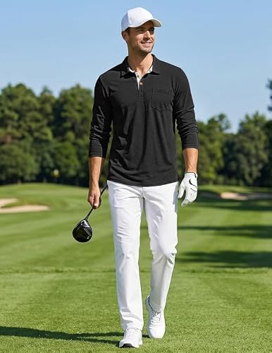 TARAINYA Men's Polo Shirts Cotton Long Sleeve Casual Golf Tees with Pocket