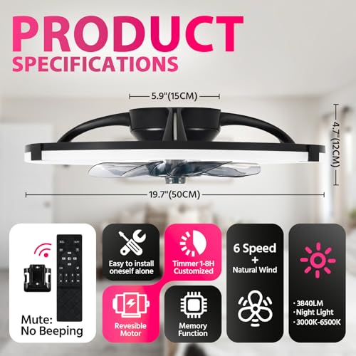 Lujeet 20 Inch Fandelier Ceiling Fan with Lights and Remote Black