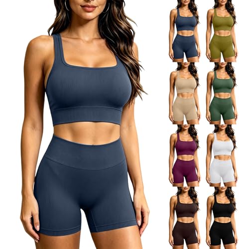 Women 2 Piece Ribbed Workout Set Quick Dry Sports Bra and High Waist Tummy Control Shorts Sets Yoga Gym Activewears Bralette For Women Navy One Size