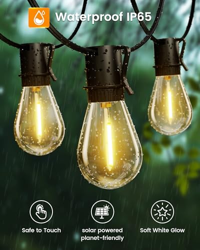 Solar String Lights Outdoor, 120FT 30+2 Shatterproof S14 LED Bulbs, Waterproof, USB Rechargeable, 2200K Warm White, Energy-Saving Hanging Patio Lights for Garden, Porch, Bistro, Deck, Market