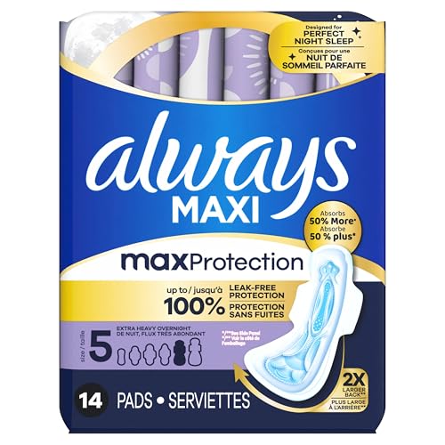 Always Maxi Pads, Extra Heavy Overnight Pad with Wings, Size 5, 14 Count