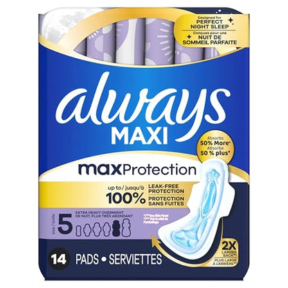 Always Maxi Pads, Extra Heavy Overnight Pad with Wings, Size 5, 14 Count
