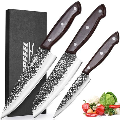 Topfeel Chef Knife 3PCS, High Carbon Hand Forged Stainless Steel Japanese Knife Sets, Ultra Sharp Professional Kitchen Knife Sets with Wood Ergonomic Handle