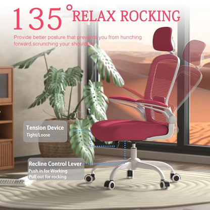Mimoglad Office Chair, Comfy Desk Chair - High Back Ergonomic Computer Chair with Adjustable Lumbar Support & Headrest, Flip-up Armrests for Guitar Playing (Barbie Pink)
