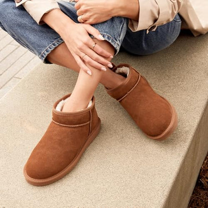 DREAM PAIRS Women's Mini Winter Snow Boots Genuine Suede,Chestnut,8