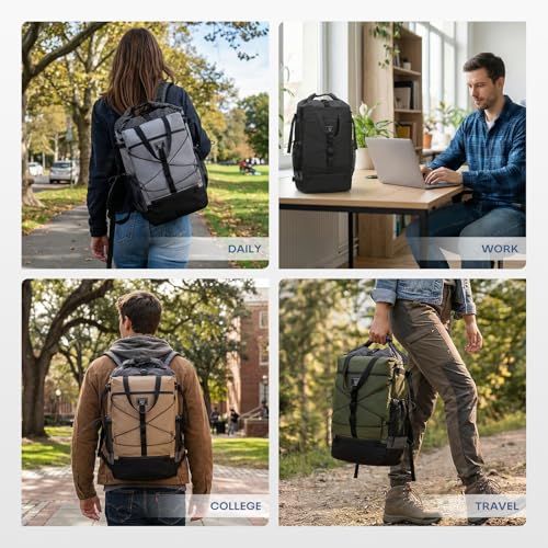 BAGZY 17x13x6 inch Personal Item Bag 40x30x15cm Under Seat Travel Backpack Rolltop Laptop Backpack Carry on Bag for Work,Travel,Weekend,Casual Caki