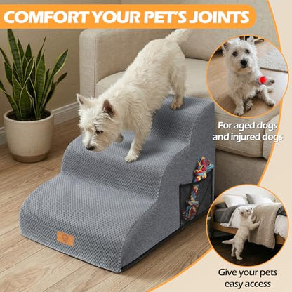 Almcmy Dog Stairs for Small Dogs 15.7" H 3-Step Bed Sofa Chair Use, Grey