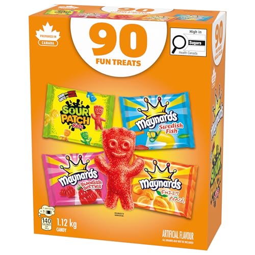 Maynards, Assorted Individually Wrapped Candy 1.12kg (Pack of 90) | Sour Patch Kids, Fuzzy Peach, Swedish Berries, Swedish Fish, Gummy Candy, Sour Candy, Prepared in Canada