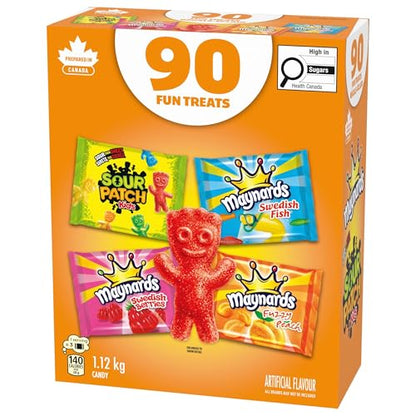 Maynards, Assorted Individually Wrapped Candy 1.12kg (Pack of 90) | Sour Patch Kids, Fuzzy Peach, Swedish Berries, Swedish Fish, Gummy Candy, Sour Candy, Prepared in Canada