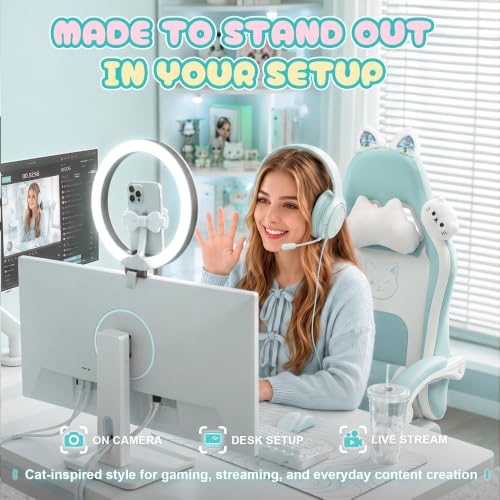 Dowinx Cat Ear Gaming Chair for Adults, Ergonomic Computer Chair with Massage Lumbar Support, Reclining Gamer Chair with Footrest and Headrest, 290 lbs
