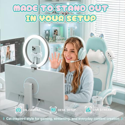 Dowinx Cat Ear Gaming Chair for Adults, Ergonomic Computer Chair with Massage Lumbar Support, Reclining Gamer Chair with Footrest and Headrest, 290 lbs