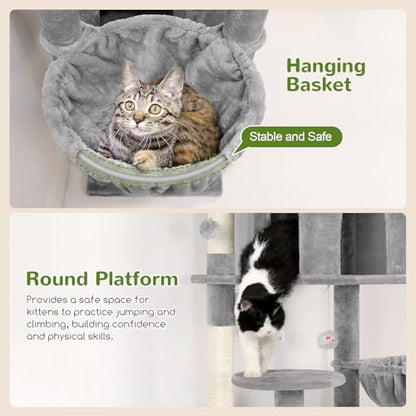 Globlazer Cat Trees and Towers for Multiple Adult Cats, 82-inch XXL Tall Cat Tree Tower for Indoor Cats with Scratching Post, 3 Perches, 2 Hanging Baskets, 2 Condos, Light Grey, F82