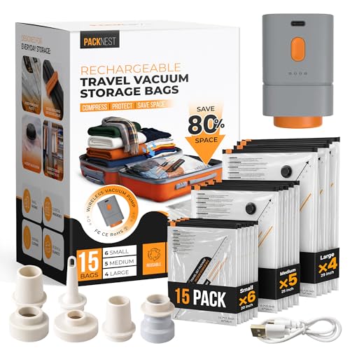 Vacuum Bags for Travel Clothes with Cordless Pump, Vacuum Storage Bags 15Pk | (6 Small, 5 Medium, 4 Large) - Vacuum sealer bags for clothes, Blankets and Luggage - Space Saver Vacuum Storage Bags