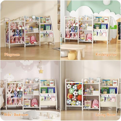 CYXPHION B1 Kids Bookshelf and Toy Storage, 3-Tier Book Shelf for Kids Rooms, Sling Baby Bookcase with Animal Storage, Montessori Toddler Bookshelf for Nursery, Bedroom, Playroom, White