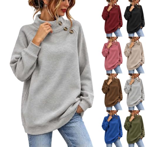 Mockneck Sweatshirt Sweatshirt for Women Trendy Mock Neck Button Decor Long Sleeve Pullover Top, Casual Loose Fit Solid Sweatshirts Gray