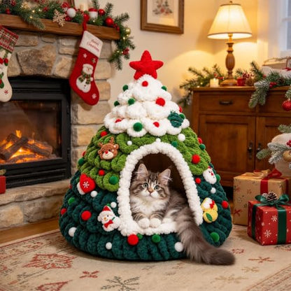 Christmas Tree Cat Bed Knitted Warm Indoor Nest Cat Tent for Small Pets | 20*24in Xmas Cat Tree Festive Holiday Warm Cat House for Naps Hiding and Relaxing for Small Cats Puppies and Small Pets
