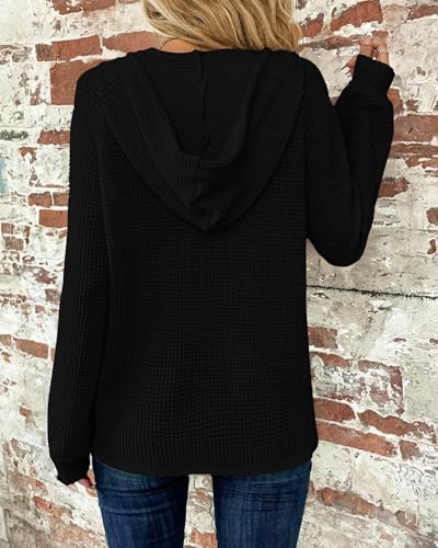 WNEEDU Womens Long Sleeve Tops Waffle Knit Hoodies Sweatshirt Black