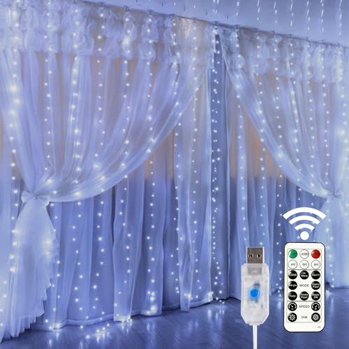 Home Lighting Window Curtain String Lights, 300 LED 8 Lighting Modes, Copper String Lights with Remote Control, USB Powered, Waterproof for Christmas Bedroom Party