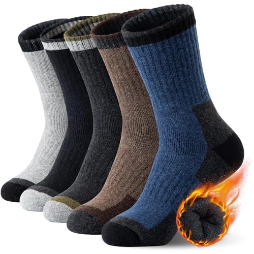 SIMIYA 5 Pairs Merino Wool Socks Hiking Warm Thermal Thick Sock Size 7-15 | Winter Outdoor Essential,Moisture-Wicking & Breathable,Cushioned Sole Support,hiking,skiing,work boots daily wear,unisex