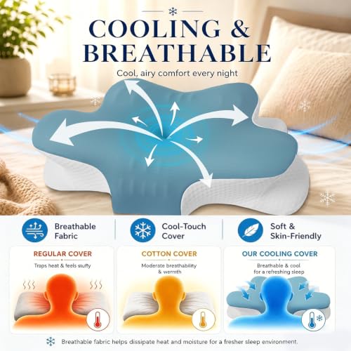 Cervical Neck Pillow for Neck and Shoulder Pain Relief, Ergonomic Memory Foam Contour Pillow with Armrest Grooves, Cooling Washable Cover & Dual-Height Support for Side and Back Sleepers