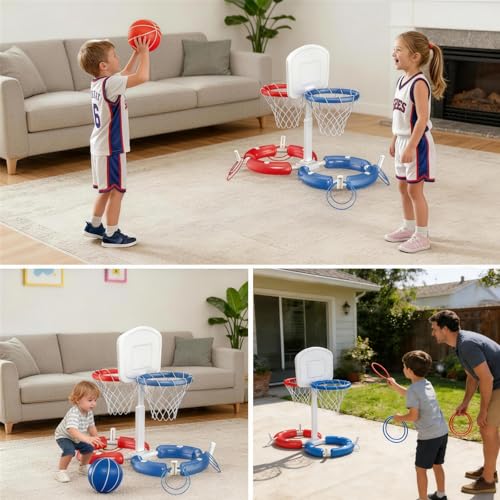 Dual Pool Basketball Hoop with Backboard for Boys Girls 2-in-1 Floating Pool Toys Ring Game 4 Balls 8 Rings & Pump Outdoor Swimming Pool Basketball Games Water Play Summer Toy for Adults and Family