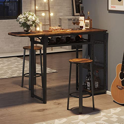 Bestier Bar Table and Chair Set, Industrial Expandable Dining Table with 2 Bar Stools, Kitchen Counter with Wine Rack & 3 Tier Adjustable Storage Shelves Rustic Brown