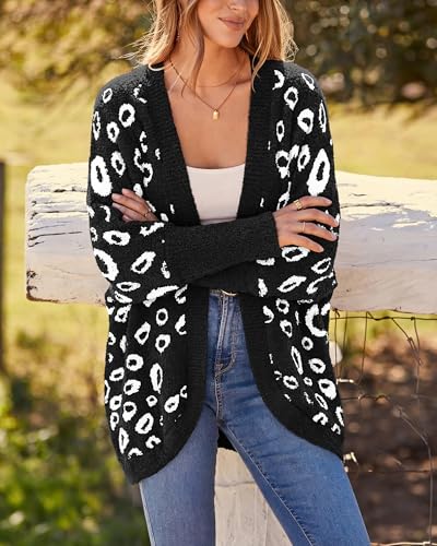 BTFBM Cardigan for Women Leopard Long Sleeve Open Front Cardigans Sweaters Pockets Loose Knit 2026 Spring Outfits(Black, Small)
