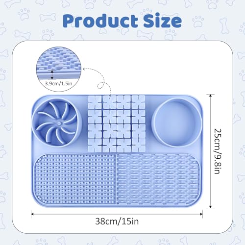EaTubano Slow Feeder Dog Bowl Cat Food Mat Silicone Lick Mat for Dogs with Snuffle Area, Suction Cup and Multiple Licking Patterns(Blue)