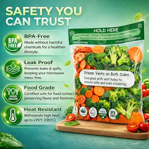 25 Pack Microwave Steamer Bags for Vegetables, Seafood & Potatoes, Zipper Closure, Reusable, Bpa Free, Steamer Bags for Microwave Cooking