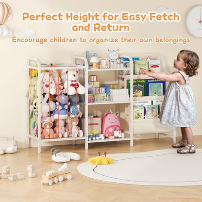 CYXPHION B1 Kids Bookshelf and Toy Storage, 3-Tier Book Shelf for Kids Rooms, Sling Baby Bookcase with Animal Storage, Montessori Toddler Bookshelf for Nursery, Bedroom, Playroom, White