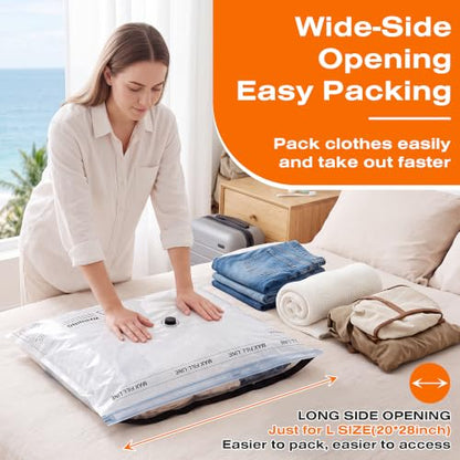Vacuum Storage Bags for Travel with Rechargeable Pump, 12 Pack, 3 Sizes | Reusable vacuum sealer bags for clothes, luggage, suitcase and closet storage; clear front for easy viewing and opaque back