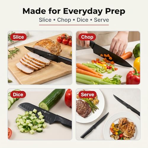Knife Set, 15 Piece Kitchen Set with Block, Self Sharpening, Dishwasher Safe, 6 Steak Knives, Anti-Slip Handle, Black