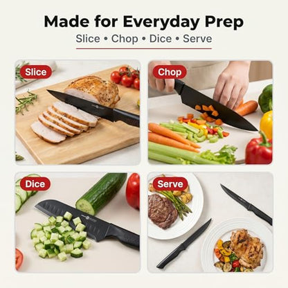 Knife Set, 15 Piece Kitchen Set with Block, Self Sharpening, Dishwasher Safe, 6 Steak Knives, Anti-Slip Handle, Black