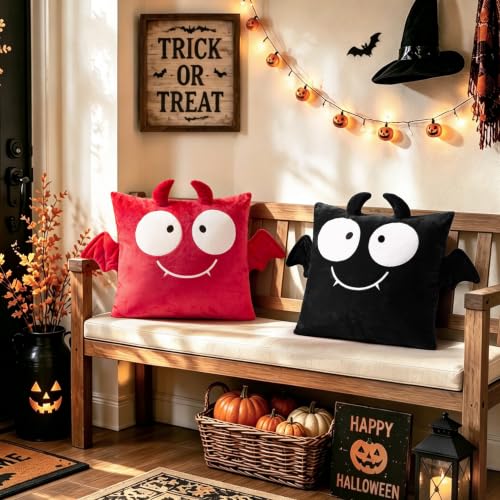 AELS Halloween Cute Monster Pillow Covers 18x18 Inch, Set of 2, Plush Spooky Throw Pillow Covers, Soft Decorative Cushion Cases for Couch Sofa Bedroom, Gothic Halloween Home Decor, Black and Red