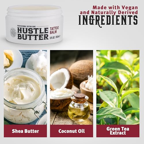 Hustle Butter Tattoo Aftercare 5oz Tattoo Balm, Heals + Protects New Tattoos and Rejuvenates Older Tattoos - 100% Vegan Tattoo Cream No-Petroleum
