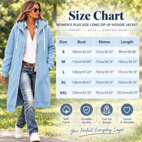 Zip Up Fleece Hoodie Women Long Womens Jacket Long Hoodies for Women Plus Size Zip Up Jacket with Hood Knee Length Cardigan Coat Casual Fleece Sweatshirt Full Zipper Light Blue,XL