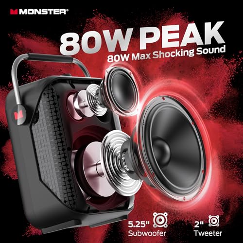 Monster Traveler Mini Bluetooth Speaker with Wireless Microphone, 80W Powerful Wireless Speaker with Deep Bass, Karaoke Machine Mode, 12H Playtime, 3 EQ Modes, 20m Control Range with Remote