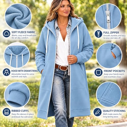 Zip Up Fleece Hoodie Women Long Womens Jacket Long Hoodies for Women Plus Size Zip Up Jacket with Hood Knee Length Cardigan Coat Casual Fleece Sweatshirt Full Zipper Light Blue,XL
