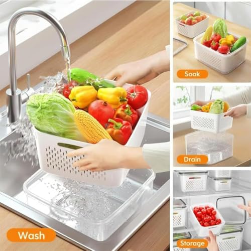 4 in 1 Food Storage Container, Set of 3 Produce Keeper Containers for Fridge, Household Transparent Plastic Food Storage Box-Including Drain Basket, For Vegetable and Berry, Kitchen Organizer