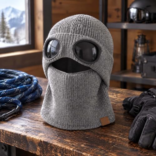 2 in 1 Ribbed Knit Balaclava Beanie with Goggle-Style Eye Panels Gray
