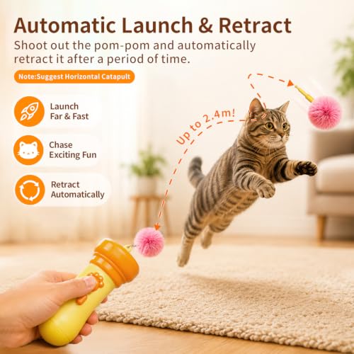 Automatic Cat Teaser Launcher, Cat Balls Fetch Toy with Retractable Rope and Fuzzy Ball, Interactive Cat Toys for Indoor Cats Enrichment Toy((Suggest Horizontal Catapult.batterie not Included)