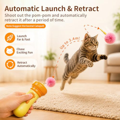 Automatic Cat Teaser Launcher, Cat Balls Fetch Toy with Retractable Rope and Fuzzy Ball, Interactive Cat Toys for Indoor Cats Enrichment Toy((Suggest Horizontal Catapult.batterie not Included)