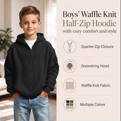 Gym Clothes Men Boys Waffle Knit Quarter Zip Hoodie Kids Back to School Hooded Pullover Tops Fashion Fall Winter Casual Sweatshirt 9 Years H01 Army Green