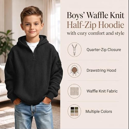 Gym Clothes Men Boys Waffle Knit Quarter Zip Hoodie Kids Back to School Hooded Pullover Tops Fashion Fall Winter Casual Sweatshirt 9 Years H01 Army Green