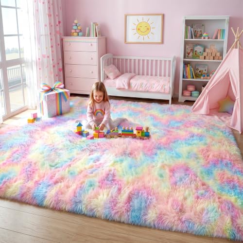 Huiuhjirug Rainbow Fluffy Rug,5x7 Washable Carpet for Living Room Girls Kid