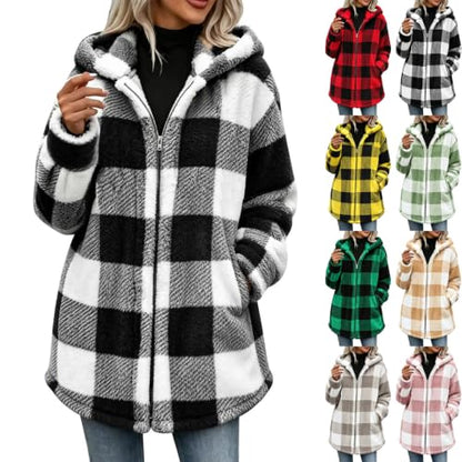 Women's Flannel Plaid Shacket Plus Size Full Zip Up Hooded Sherpa Jacket | Comfy Cozy Long Sleeve Coat, Fall Winter Warm Coats, Oversized Soft Fuzzy Hoodie, Cold Weather Outerwear with Pockets, Trendy