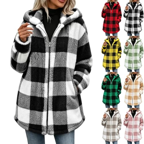 Women's Flannel Plaid Shacket Plus Size Full Zip Up Hooded Sherpa Jacket | Comfy Cozy Long Sleeve Coat, Fall Winter Warm Coats, Oversized Soft Fuzzy Hoodie, Cold Weather Outerwear with Pockets, Trendy