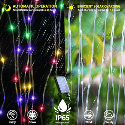 QLIRJAD Solar Curtain Lights Outdoor Waterproof 300LED Waterfall Light with 8 Modes Remote USB Rechargeable Dimmable Timer Twinkle Fairy String Lights for Outdoor Christmas Gazebo Wedding Window