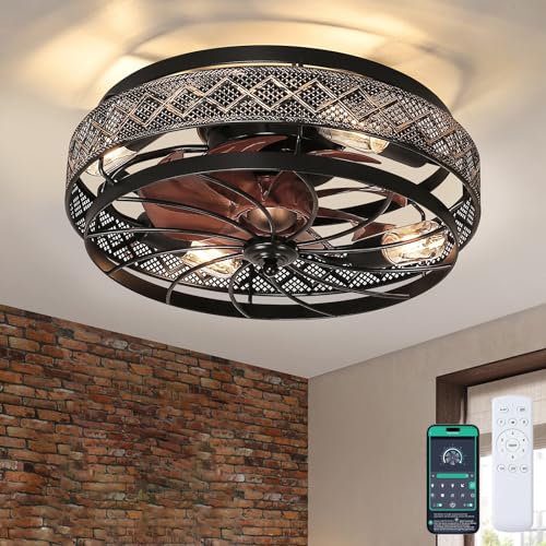 18" Low Profile Caged Ceiling Fans with Lights and Remote, Flush Mount Ceiling Fan with Light, Bedroom Fan, Small Industrial Black Ceiling Light Fixture, Reversible(Bulbs not Included)